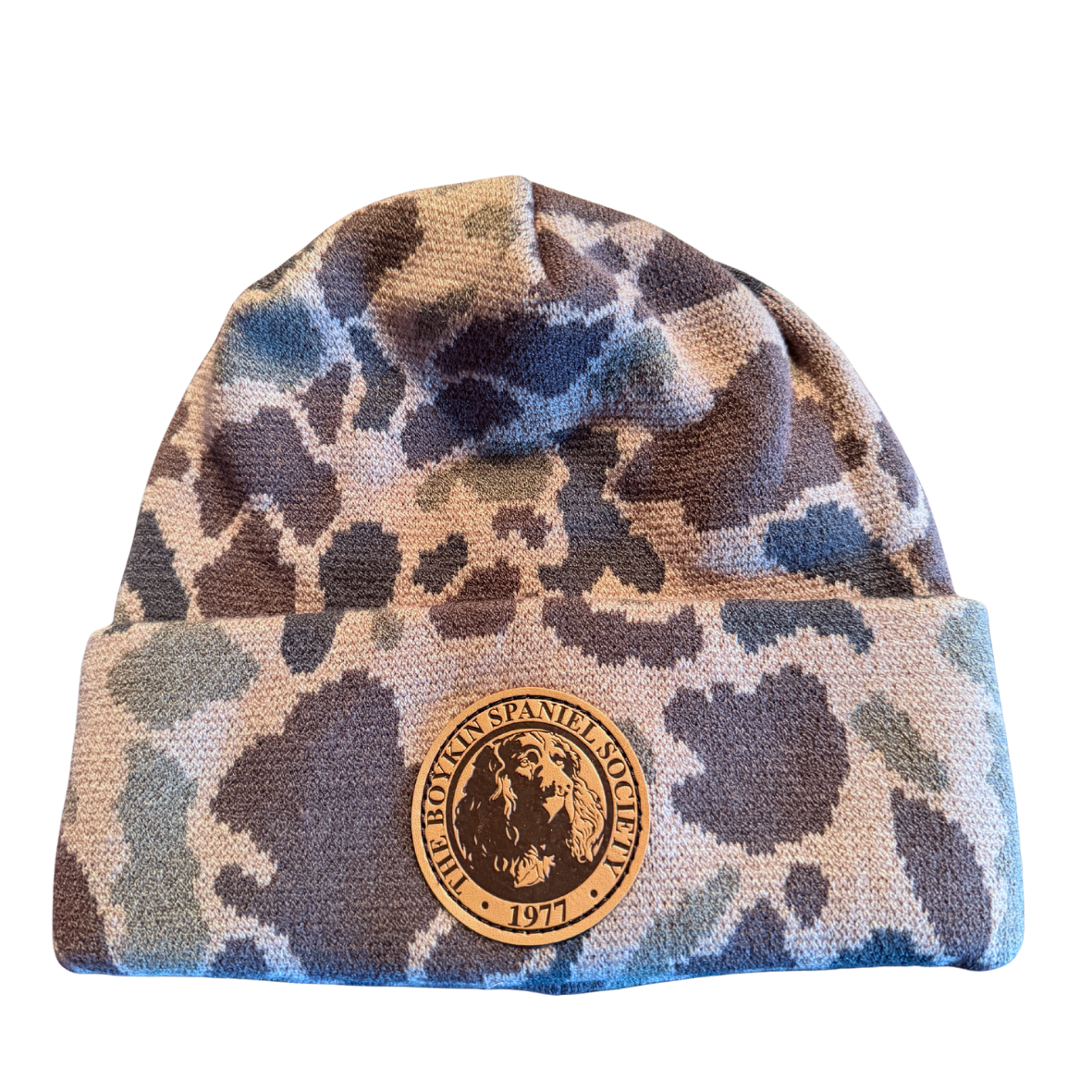 Bark duck camo beanie with leather Boykin Spaniel Society patch