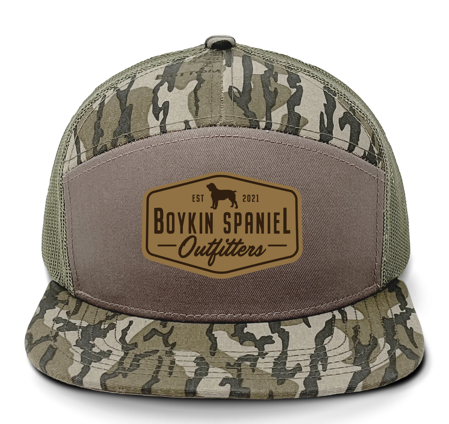 Mossy Oak Bottomland camo trucker hat with Boykin Spaniel Outfitters gator patch