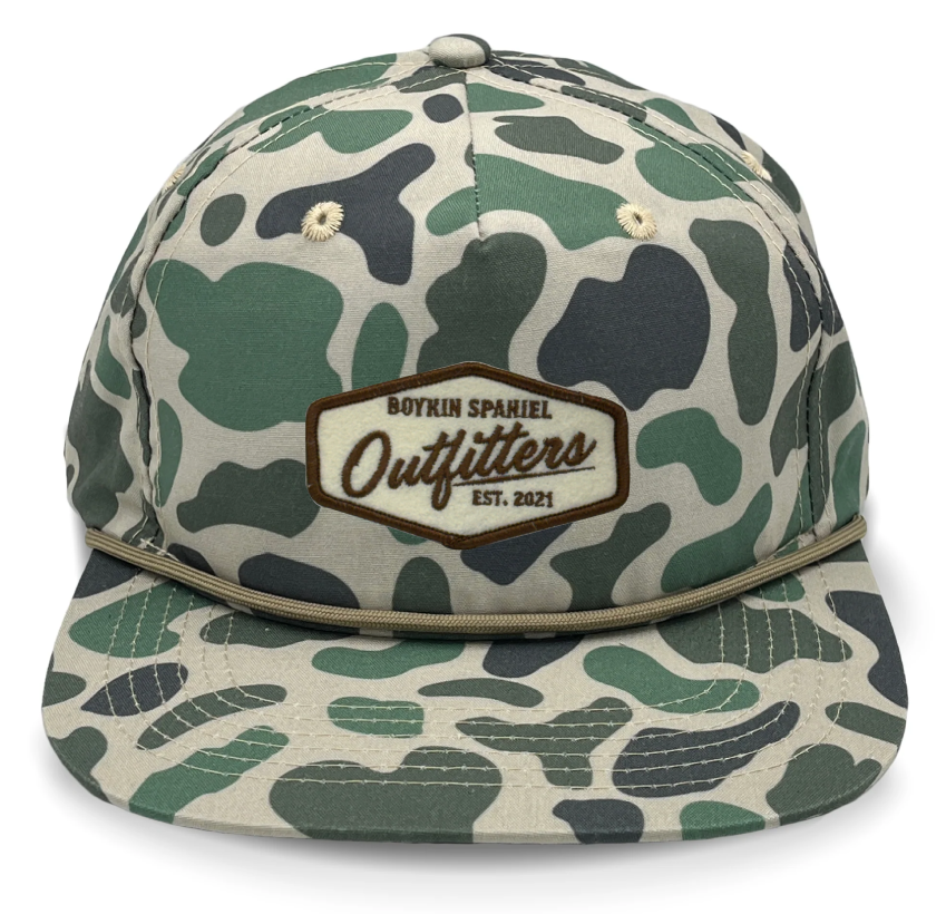 Old’s Cool Marsh camo rope hat with felt embroidered Boykin Spaniel Outfitters patch