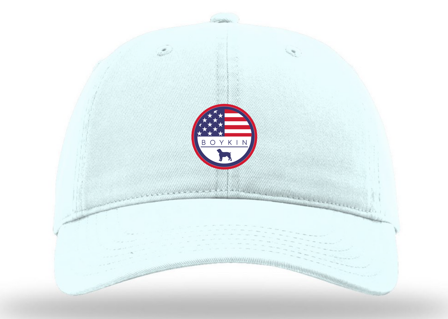 Patriotic Boykin Spaniel snapback hat in powder blue by Richardson 326 with American flag patch