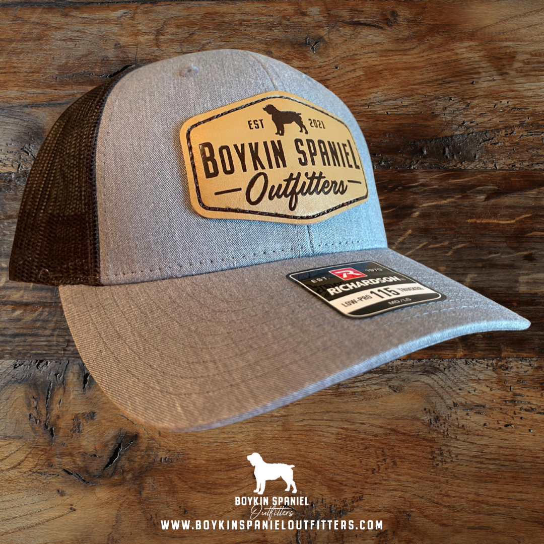 Richardson 115 Low Pro Trucker Hat Heather Gray Charcoal with Leather Boykin Spaniel Outfitters
