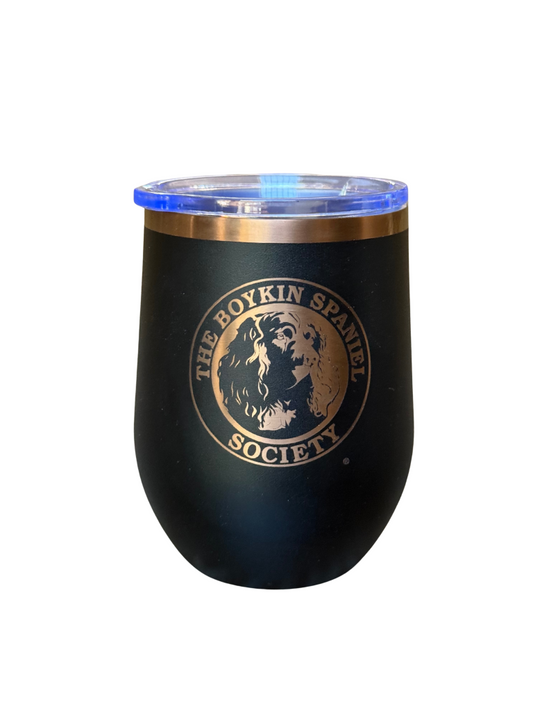 12 oz Stemless Wine Tumbler – Black with Rose Gold Boykin Spaniel Society Seal