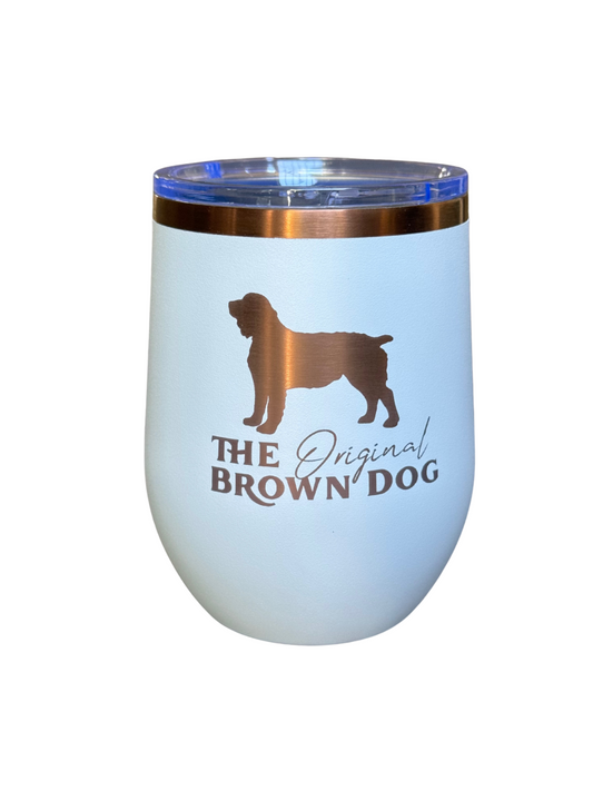 12 oz Stemless Wine Tumbler – White with Rose Gold “Original Brown Dog” Design