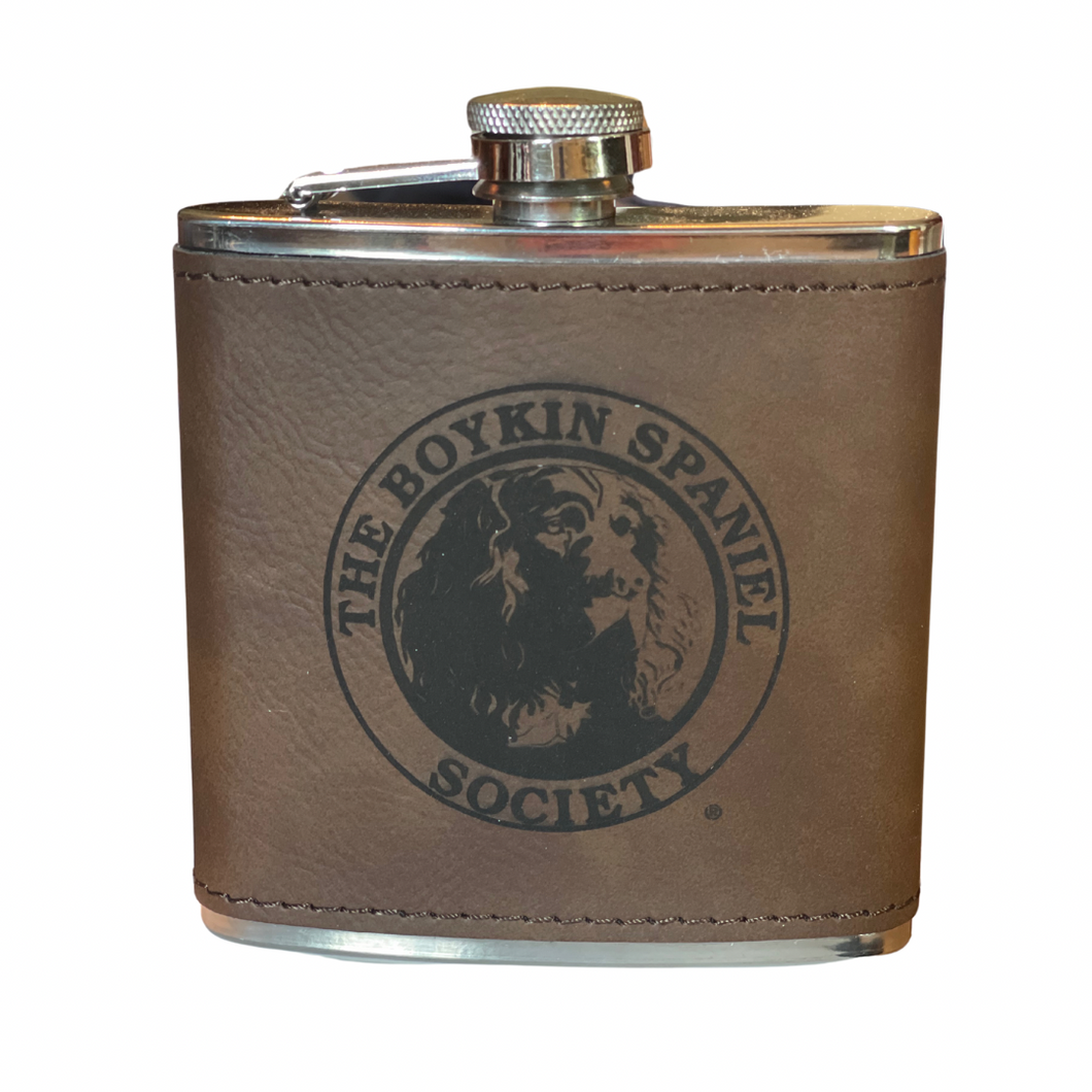 6 oz Flask with Leather Accent - Boykin Spaniel Society Seal Engraved