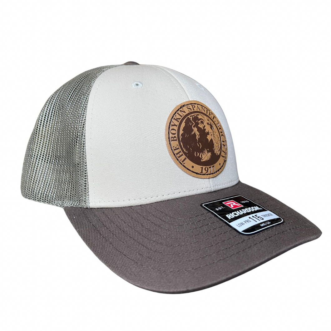 Richardson 115 Low Pro Trucker Hat Tan/Loden/Brown with Leather Boykin Spaniel Society Seal Patch
