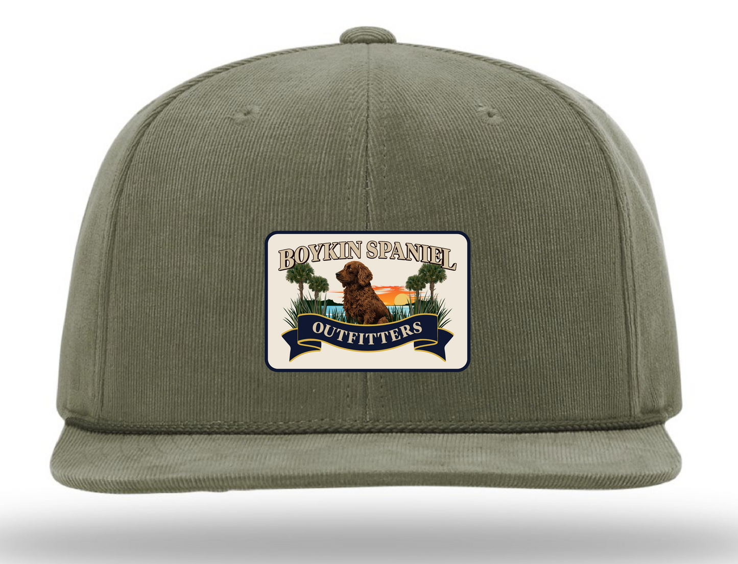 Charleston Boykin Spaniel flat bill hat in olive by Richardson 253 with sublimated Lowcountry patch