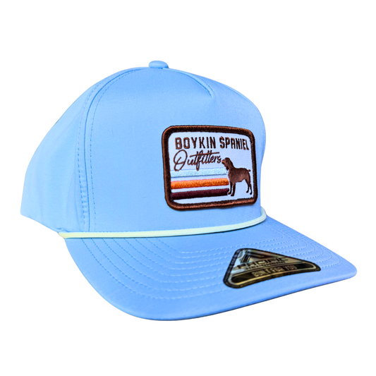 Powder blue Boykin Spaniel rope hat with embroidered stripe patch and white rope detail

SEO TERMS NATURALLY TARGETED