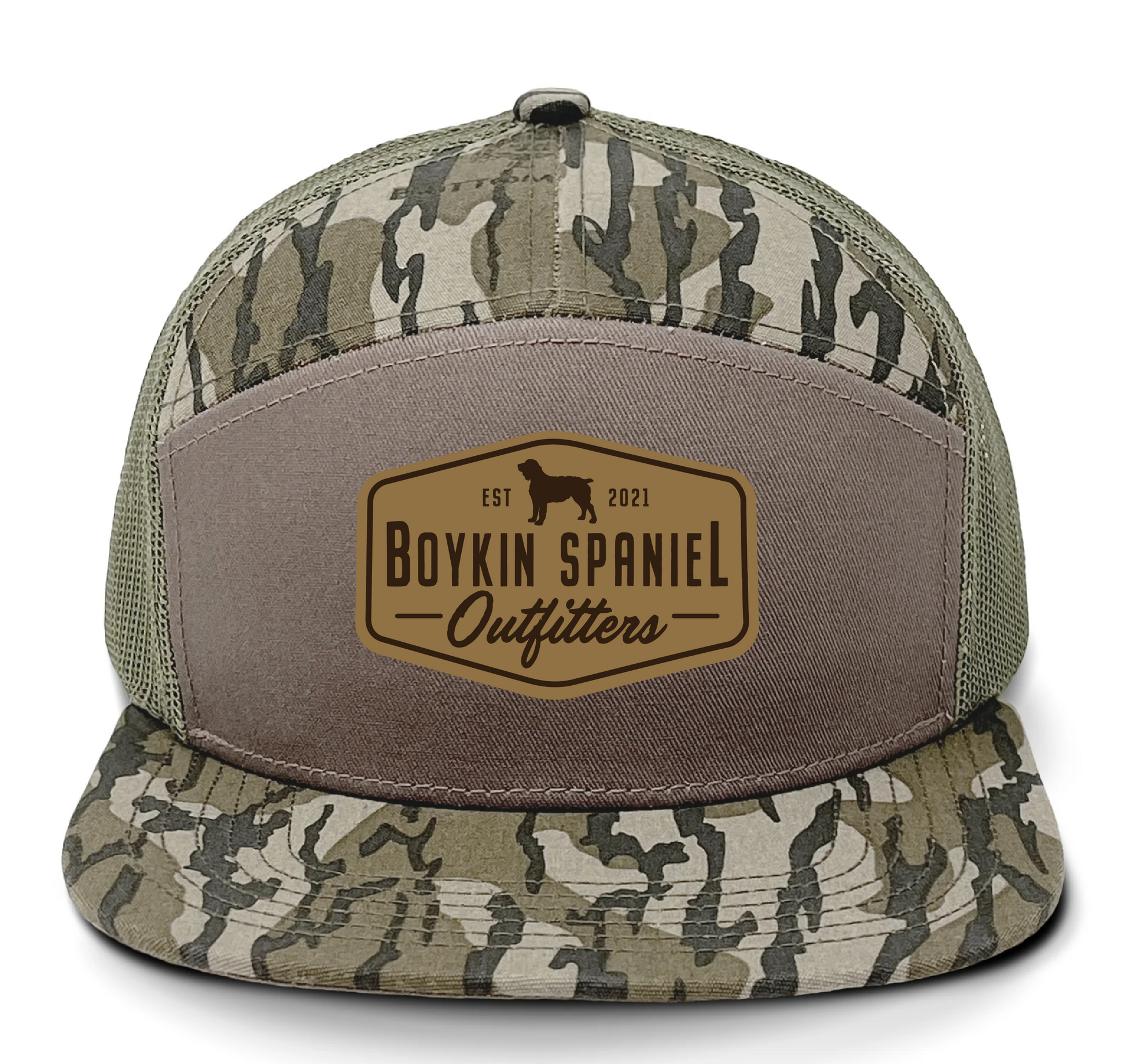 Mossy Oak Bottomland camo trucker hat with Boykin Spaniel Outfitters gator patch