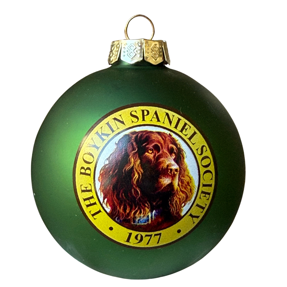 Boykin Spaniel Society matte green glass Christmas ornament
