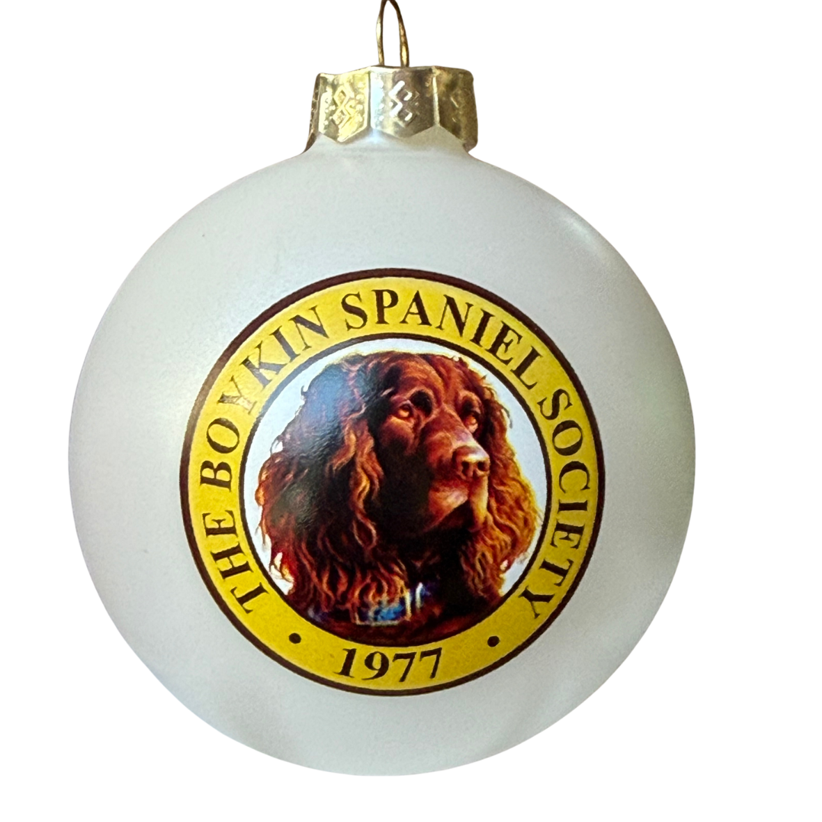 Boykin Spaniel Society satin white glass Christmas ornament