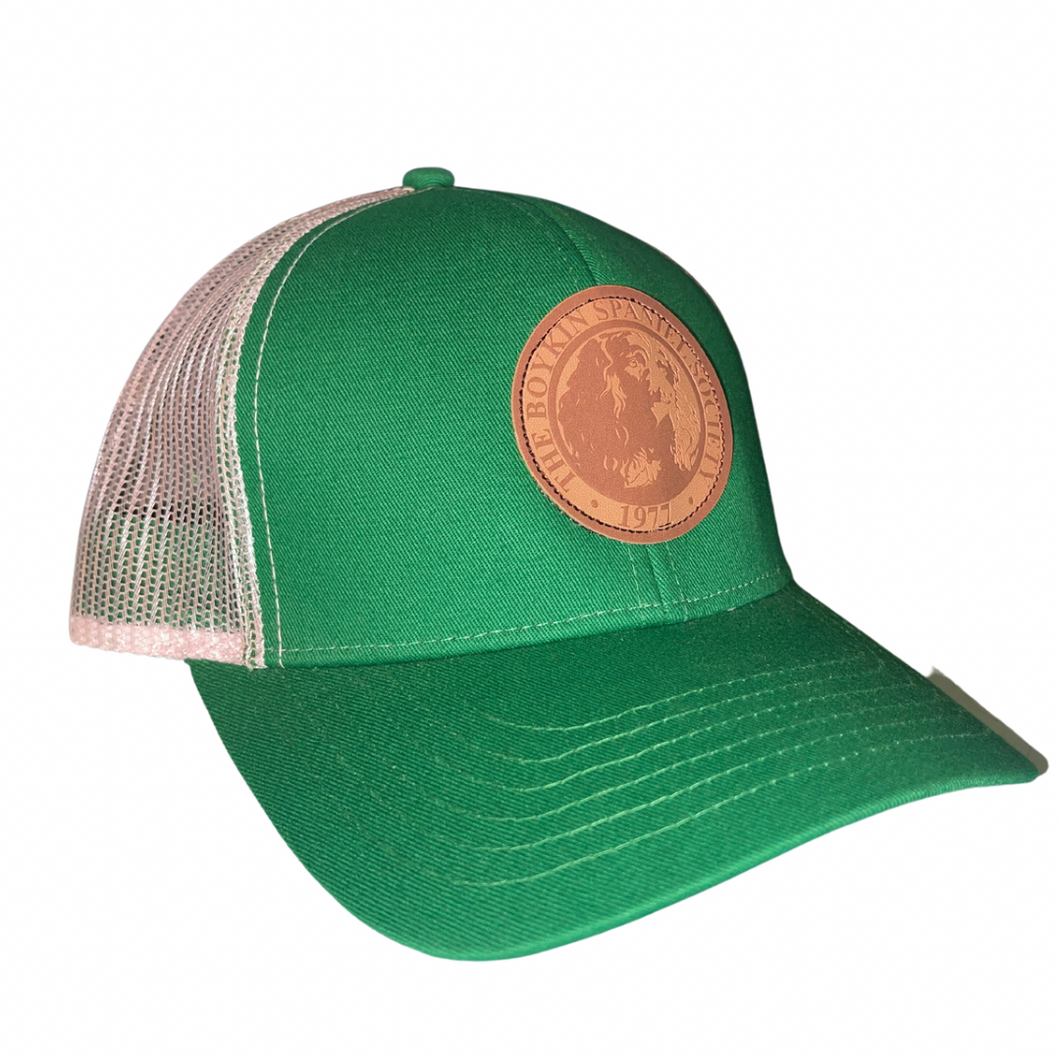 Structured Kelly Green/White Hat with Boykin Spaniel Society Leather Seal Patch