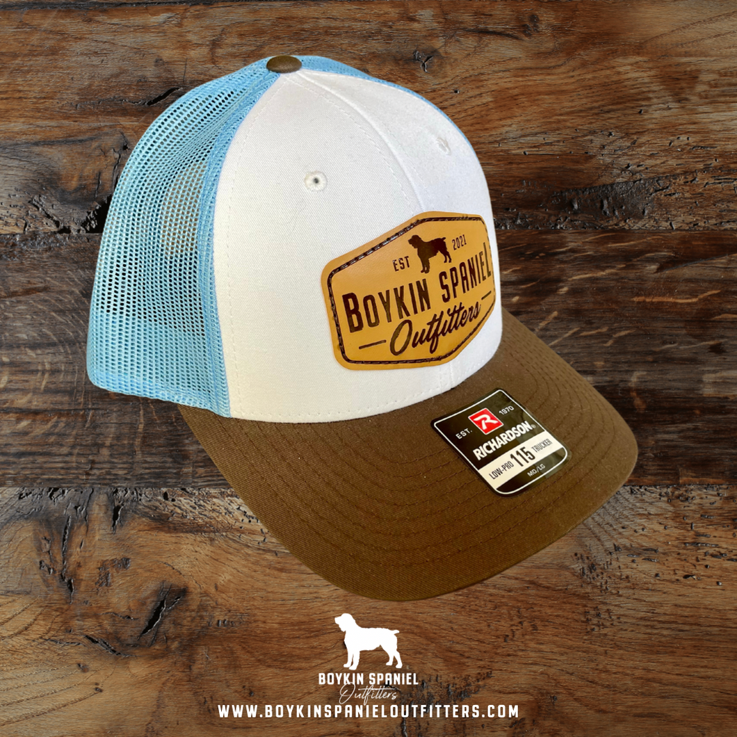 Richardson 115 Low Pro Trucker Hat White/Columbia Blue/Brown with Leather BSO Patch